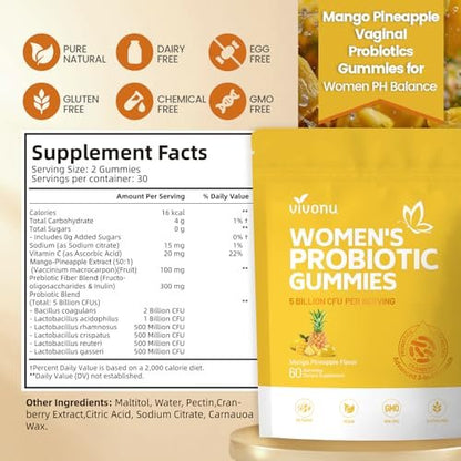 VivoNu Pineapple Gummies for Women pH, Women Probiotic Gummies, Feminine Balance Gummy, Mango Pineapple Vaginal Probiotics for Woman Vaginal Health, Yeast pH Balance