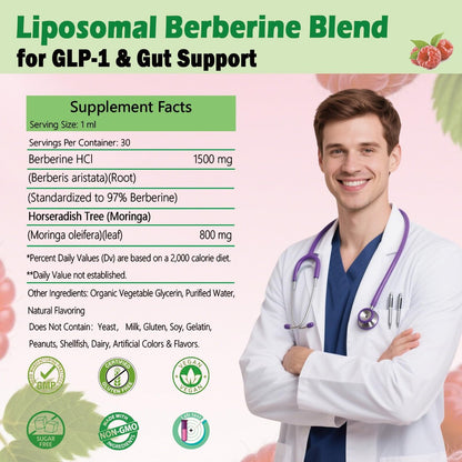 Liposomal Berberine Supplement 1500mg, 2-in-1 Extra Strength GLP-1 Moringa Berberine Drops Support Metabolic Digestive Gut Heart Health & Vitamin Nutrients for Women Men Vegan Non-GMO, 30 Servings