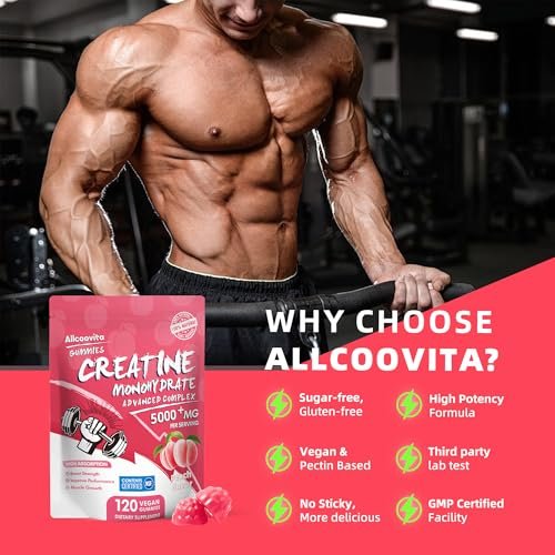 Allcoovita Creatine Monohydrate Gummies 5g for Men & Women. Boost Focus, Strength, and Endurance, Anti-Melting Formula, Vegan, Gluten-Free, Non-GMO (Peach 120 ct) - görsel 7