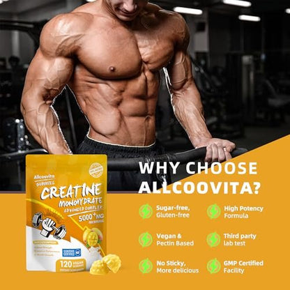 Allcoovita Creatine Monohydrate Gummies 5g for Men & Women – Boost Focus, Strength, and Endurance, Anti-Melting Formula, Vegan, Gluten-Free, Non-GMO (Mango, 120 Count)