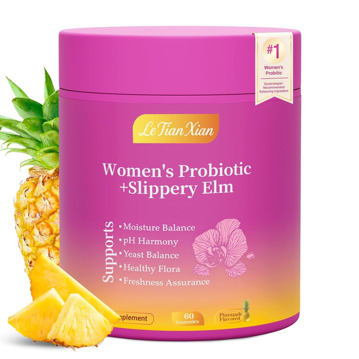 Le Tian Xian Her Juicy Feminine Probiotics Gummies for Women with Slippery Elm, Prebiotics & Lactobacillus - for pH Balance & Digestive Health, Tropical Pineapple Flavor, 60 Count - görsel 3