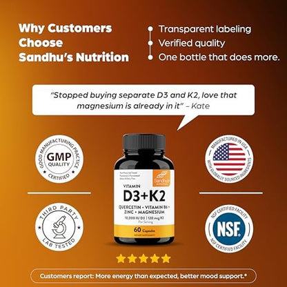 Sandhu's Vitamin D3 K2 Magnesium 10000 IU, 120mcg K2 Capsules 60 Count (Pack of 1) | with VIT B6, Zinc & Quercetin | D3K2 Supports Superior Absorption, Energy, Immune, Muscle Health for Men & Women