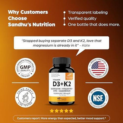 Sandhu's Vitamin D3 K2 Magnesium 10000 IU, 120mcg K2 Capsules 60 Count (Pack of 1) | with VIT B6, Zinc & Quercetin | D3K2 Supports Superior Absorption, Energy, Immune, Muscle Health for Men & Women