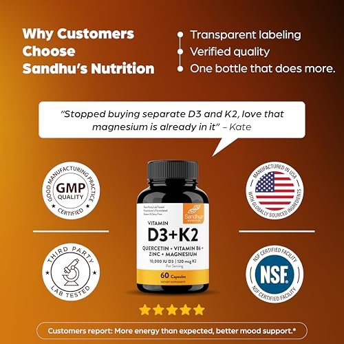 Sandhu's Vitamin D3 K2 Magnesium 10000 IU, 120mcg K2 Capsules 60 Count (Pack of 1) | with VIT B6, Zinc & Quercetin | D3K2 Supports Superior Absorption, Energy, Immune, Muscle Health for Men & Women - görsel 7