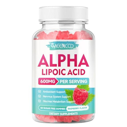 MEENCCD Alpha Lipoic Acid Gummies 600mg - ALA Supplement for Antioxidant Support, Vegan, Sugar-Free, Raspberry Flavor, 60 Count