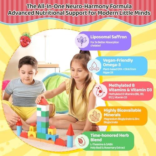 Liposomal Saffron Gummies for Kids 4+, Saffron Supplements w/Holy Basil, Rosemary, Magnesium Glycinate, Omega-3 & More, Brain Focus Support Supplement, Vegan, Organic, Sugar Free, 60 Chewables - görsel 3