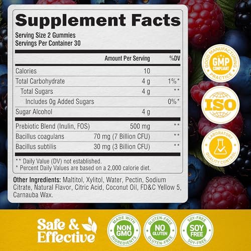 Probiotic Gummies 10B CFU with Prebiotic Fiber - Digestion & Immune Support - Debloat, Stomach & Gut Comfort - Probiotics for Women & Men - Natural Berry Flavor - Vegan & Sugar-free - 60 Gummies - görsel 2