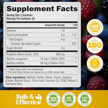 Probiotic Gummies 10B CFU with Prebiotic Fiber - Digestion & Immune Support - Debloat, Stomach & Gut Comfort - Probiotics for Women & Men - Natural Berry Flavor - Vegan & Sugar-free - 60 Gummies