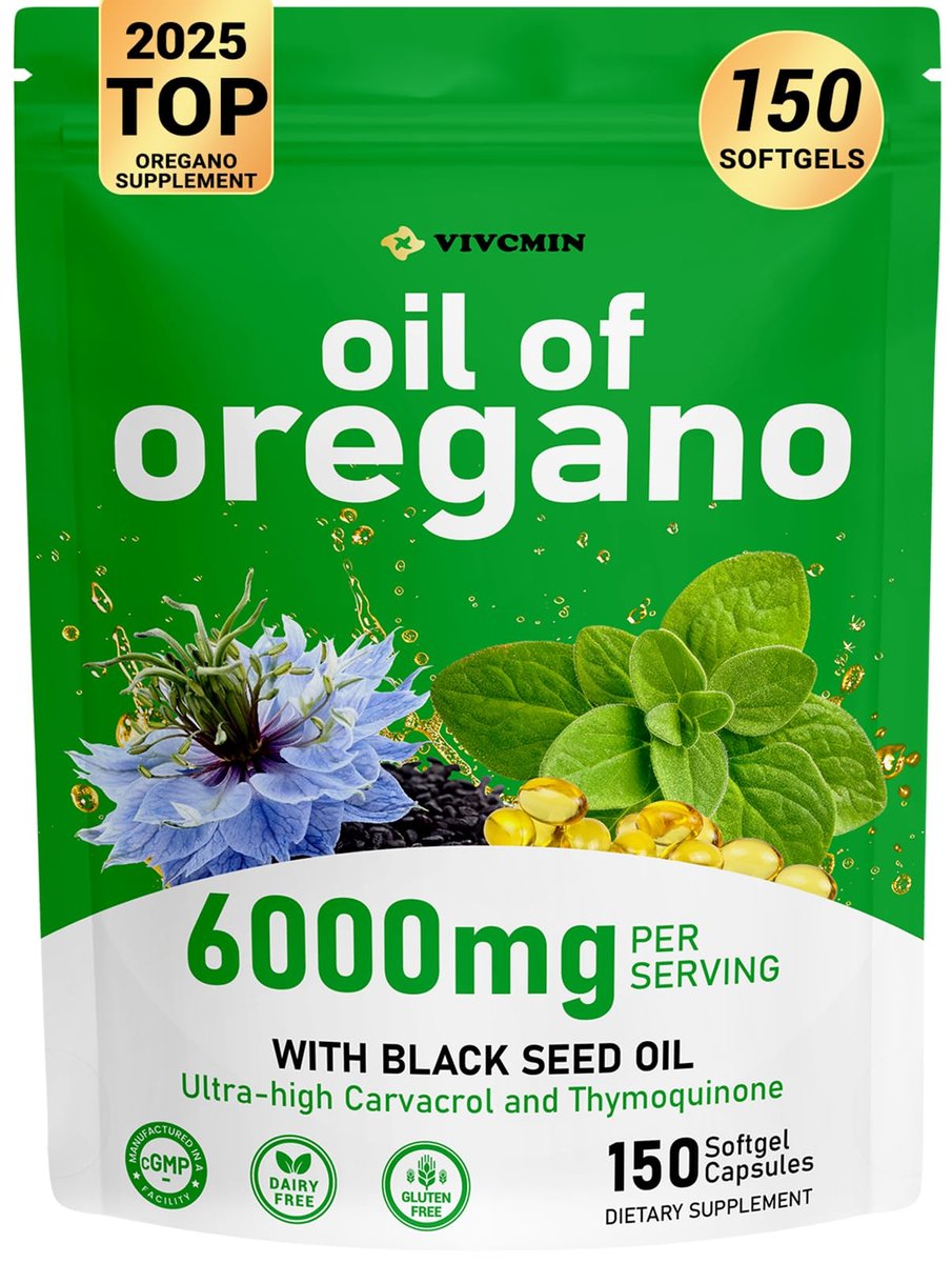 vivcmin Oregano Oil, 150 Softgels, 75 Days Supply - 6000mg Oil of Oregano with Black Seed Oil for Immune & Digestive Support, aceite de Oregano with High Carvacrol & Thymoquinone, Non-GMO - görsel 1
