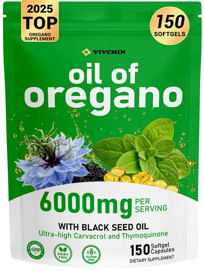 vivcmin Oregano Oil, 150 Softgels, 75 Days Supply - 6000mg Oil of Oregano with Black Seed Oil for Immune & Digestive Support, aceite de Oregano with High Carvacrol & Thymoquinone, Non-GMO