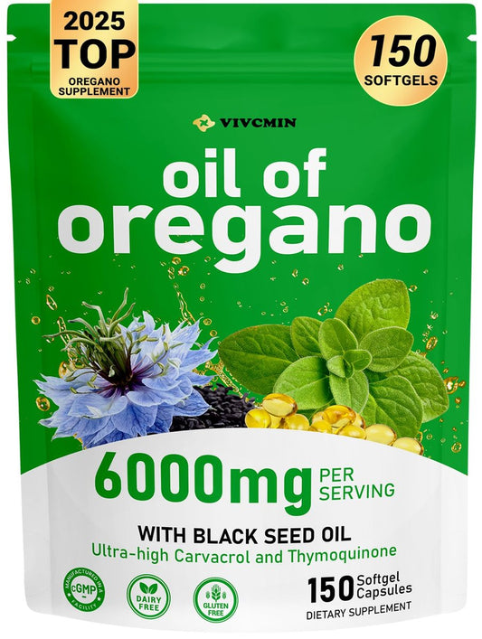 vivcmin Oregano Oil, 150 Softgels, 75 Days Supply - 6000mg Oil of Oregano with Black Seed Oil for Immune & Digestive Support, aceite de Oregano with High Carvacrol & Thymoquinone, Non-GMO