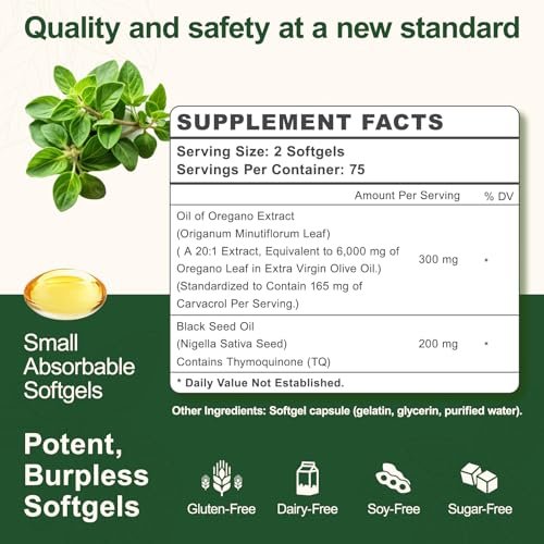 vivcmin Oregano Oil, 150 Softgels, 75 Days Supply - 6000mg Oil of Oregano with Black Seed Oil for Immune & Digestive Support, aceite de Oregano with High Carvacrol & Thymoquinone, Non-GMO - görsel 16