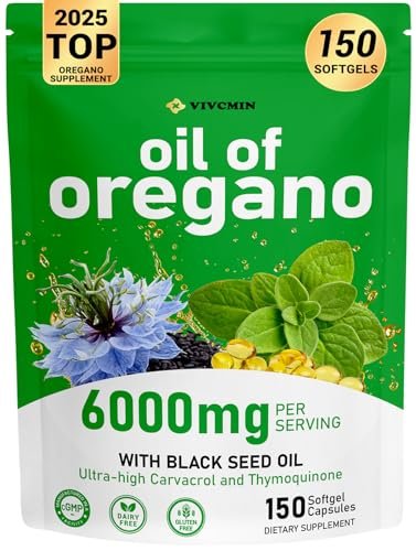 vivcmin Oregano Oil, 150 Softgels, 75 Days Supply - 6000mg Oil of Oregano with Black Seed Oil for Immune & Digestive Support, aceite de Oregano with High Carvacrol & Thymoquinone, Non-GMO