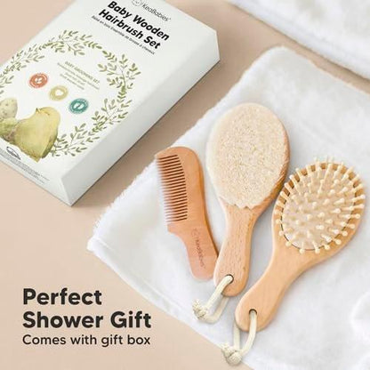 Baby Hair Brush Set for Newborns - Soft Goat Bristle Wooden Baby Brush and Comb Set Newborn Grooming Kit for Cradle Cap, Durable & Gentle, Boy, Girl Infant Essentials Care Kit (Petite, Walnut)
