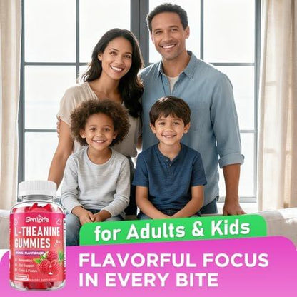 GrnLife L-Theanine Gummies for Kids & Adults, L'Theanine 400mg with Ashwagandha, GABA, 5HTP, L Theanine Supplement for Calm, Zzz & Relaxation Support, Raspberry Flavor, 60 Counts