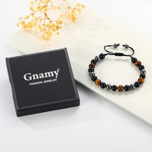 Gnamy Triple Protection Beaded Bracelet Gifts for Men, Adjustable Tiger Eye Black Obsidian Hematite Bracelets Christmas Birthday Valentines Anniversary Healing Sobriety Jewelry Gifts for Husband Dad Boyfriend Brother Him - görsel 5
