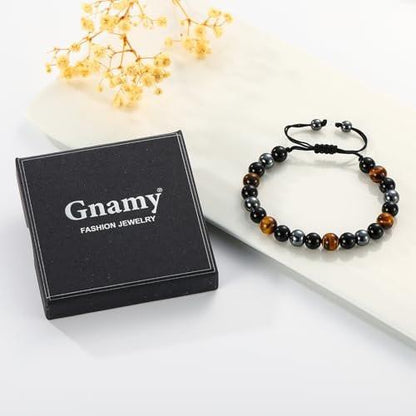 Gnamy Triple Protection Beaded Bracelet Gifts for Men, Adjustable Tiger Eye Black Obsidian Hematite Bracelets Christmas Birthday Valentines Anniversary Healing Sobriety Jewelry Gifts for Husband Dad Boyfriend Brother Him