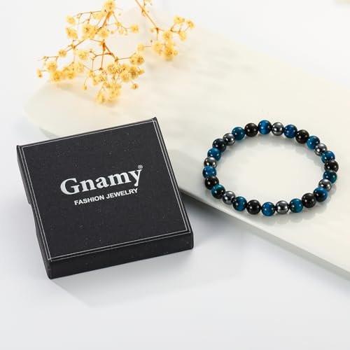 Gnamy Triple Protection Beaded Bracelet for Men, Blue Tiger Eye Hematite Bracelets Black Obsidian Bracelets Birthday Anniversary Valentines Healing Jewelry Gifts for Husband Boyfriend Lover Man - görsel 2