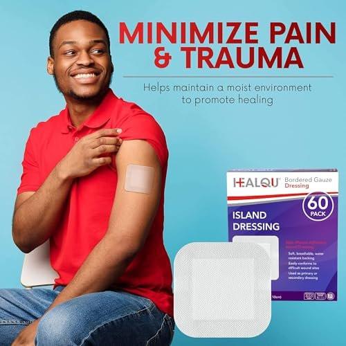 HEALQU Island Dressing - 4"x4", 60 Count - Bordered Gauze Sterile Individually Wrapped Gauze Pads, Water-Resistant, Non-Woven Backing - Soft and Breathable Wound Dressing for First Aid and Medical - görsel 5