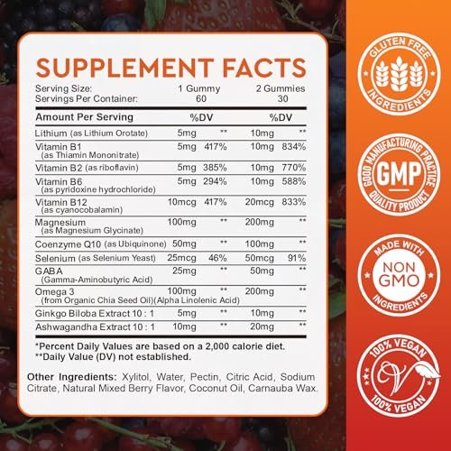 Lithium Orotate 5mg 10mg Gummies Lithium Supplements with Vitamin B, Magnesium & Selenium for Mood Support, Stress Relief, Brain Health, Non-GMO, Vegan, Gluten Free - Mixed Berry Flavor, 60 Gummies - görsel 11