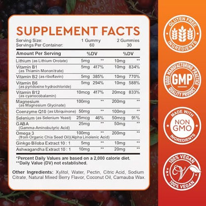 Lithium Orotate 5mg 10mg Gummies Lithium Supplements with Vitamin B, Magnesium & Selenium for Mood Support, Stress Relief, Brain Health, Non-GMO, Vegan, Gluten Free - Mixed Berry Flavor, 60 Gummies