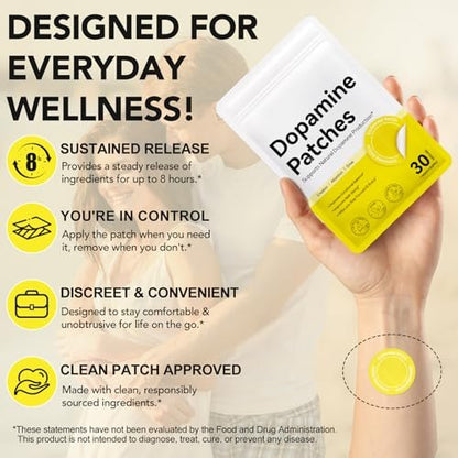 Dopamine Patches Extra Strength, 30 Vegan Mood Boost Support Patches for Daily Mental Wellness, Plant-Based Formula, Positivity & Motivation, Supports Dopamine & Serotonin Balance for Men Women