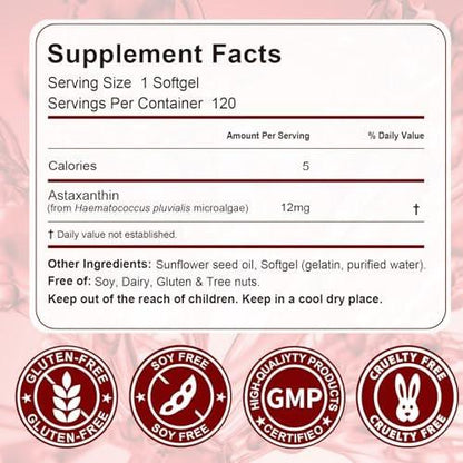 Astaxanthin 12mg, 120 Softgels, 4 Month Supply, Premium Astaxanthin Antioxidant Supplements with Antioxidant Activity, Supports Eye, Immune, Joint, Skin Health, Internal Circulation