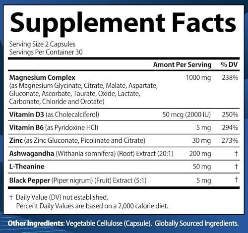 1000mg Magnesium Complex for Women and Men, 12 in 1 Magnesium Supplement with Ashwagandha, Zinc, D3, L-theanine. Easy to Swallow, High Absorption, Sleep Support & Stress Relief (60 Capsules) - görsel 7