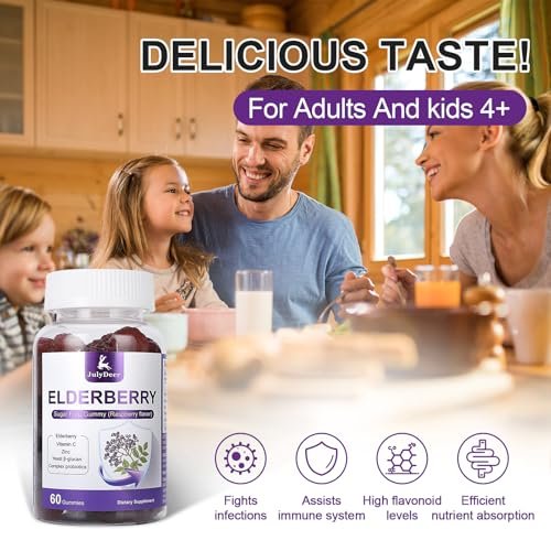 60 Gummies Sambucus Elderberry Gummies - Immune Support for Adults and Kids 4+ 5 in 1 with Vitamin C, Zinc, Yeast β-glucan, Probiotics Complex, Nature Elderberry Supplement, Non-GMO, Gluten Free - görsel 9