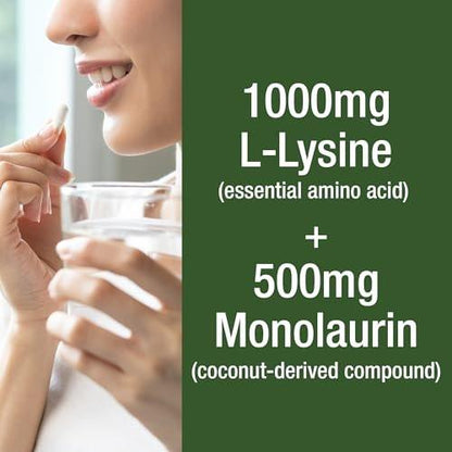 Peak Performance L Lysine 1000mg + Monolaurin 500mg High Potency Supplement for Lips, Skin, & Immune Support - L-Lysine 2-in-1 Bioavailable Supplements for Men and Women - 60 Capsules