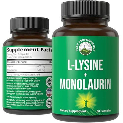 Peak Performance L Lysine 1000mg + Monolaurin 500mg High Potency Supplement for Lips, Skin, & Immune Support - L-Lysine 2-in-1 Bioavailable Supplements for Men and Women - 60 Capsules