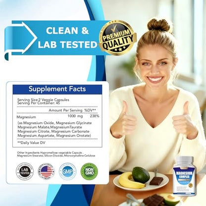 Magnesium Complex Supplement 8 Elemental 1000mg | Magnesium Supplement with Glycinate, Malate, Citrate | Sleep, Relaxation, Bone & Muscle | Vegan 90 Capsules