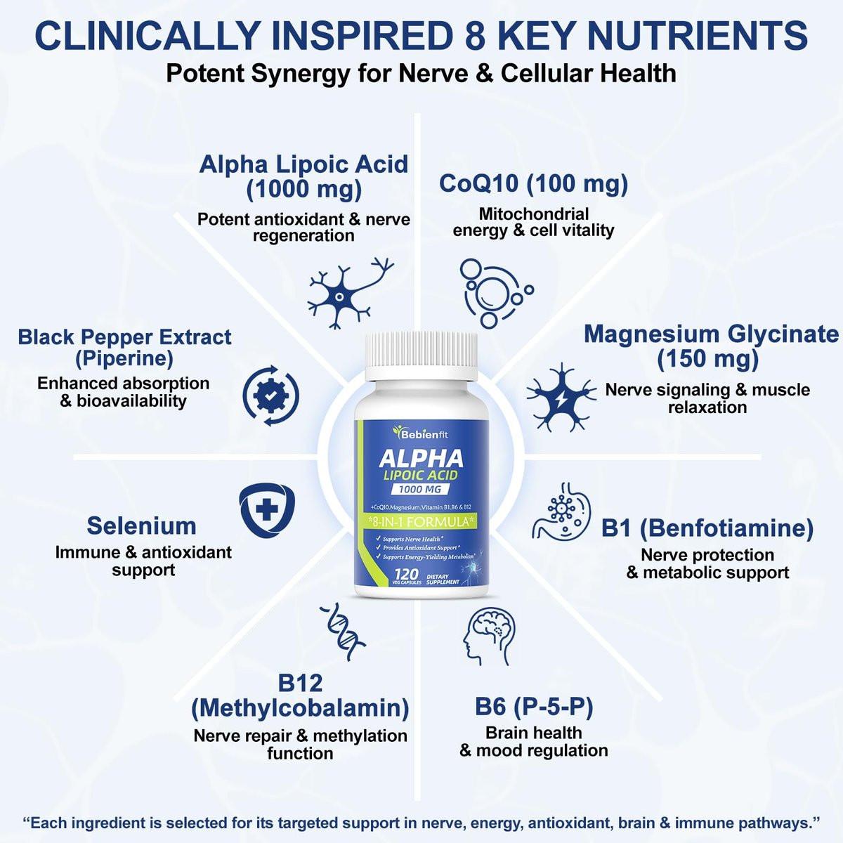 Alpha Lipoic Acid 1000mg Neuropathy Supplements Capsules, 8-IN-1 ALA for Nerve Health in Hands & Feet, Nervous System and Antioxidant with Magnesium Glycinate, CoQ10 & B1, B6, B12 – Vegan 120 Caps - görsel 3