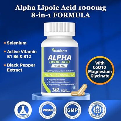 Alpha Lipoic Acid 1000mg Neuropathy Supplements Capsules, 8-IN-1 ALA for Nerve Health in Hands & Feet, Nervous System and Antioxidant with Magnesium Glycinate, CoQ10 & B1, B6, B12 – Vegan 120 Caps