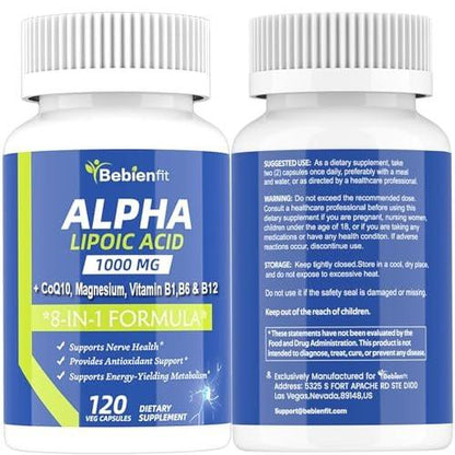 Alpha Lipoic Acid 1000mg Neuropathy Supplements Capsules, 8-IN-1 ALA for Nerve Health in Hands & Feet, Nervous System and Antioxidant with Magnesium Glycinate, CoQ10 & B1, B6, B12 – Vegan 120 Caps