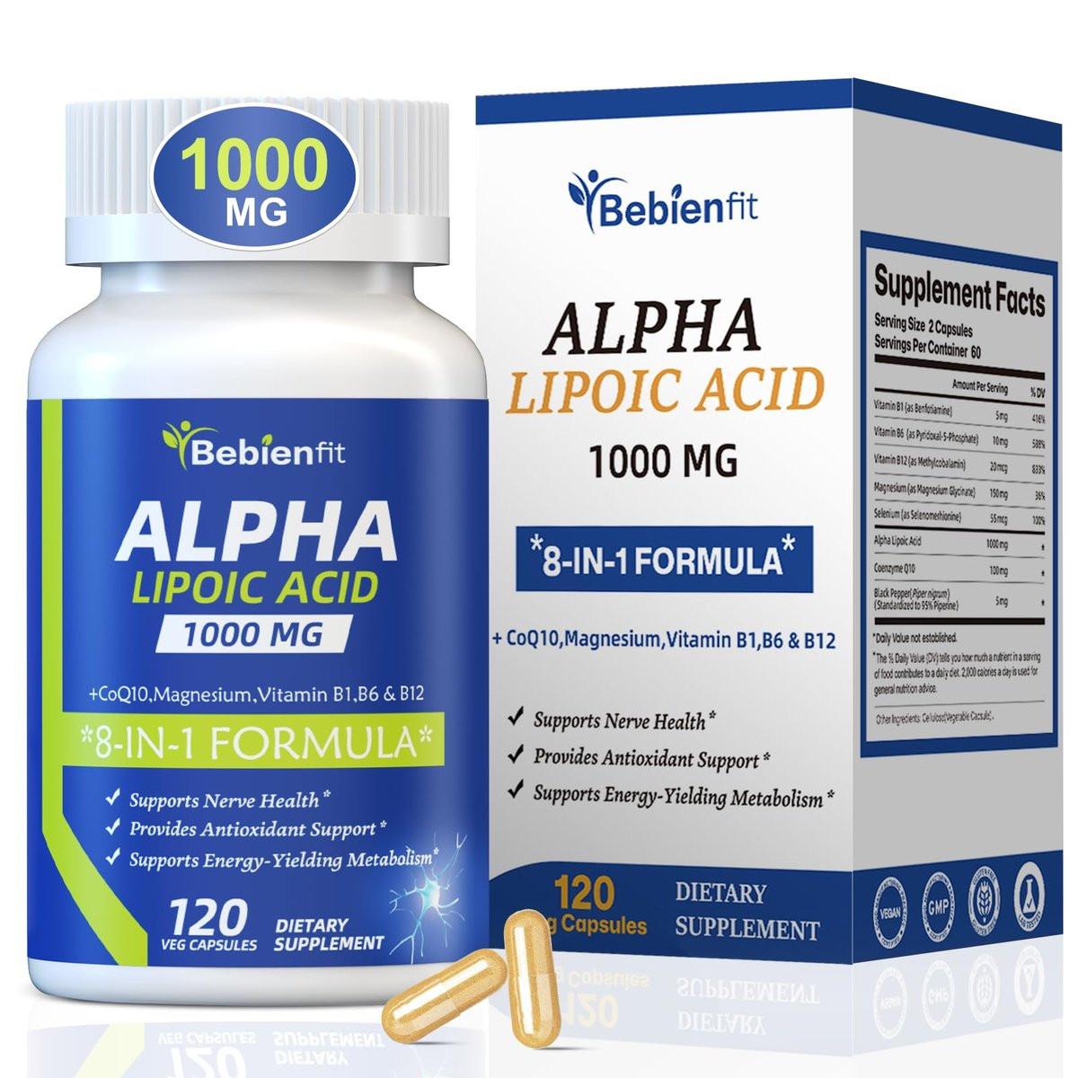 Alpha Lipoic Acid 1000mg Neuropathy Supplements Capsules, 8-IN-1 ALA for Nerve Health in Hands & Feet, Nervous System and Antioxidant with Magnesium Glycinate, CoQ10 & B1, B6, B12 – Vegan 120 Caps - görsel 1