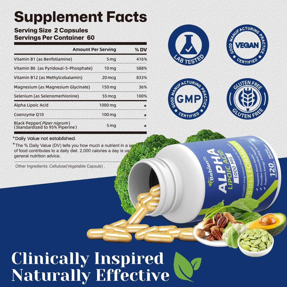 Alpha Lipoic Acid 1000mg Neuropathy Supplements Capsules, 8-IN-1 ALA for Nerve Health in Hands & Feet, Nervous System and Antioxidant with Magnesium Glycinate, CoQ10 & B1, B6, B12 – Vegan 120 Caps - görsel 9