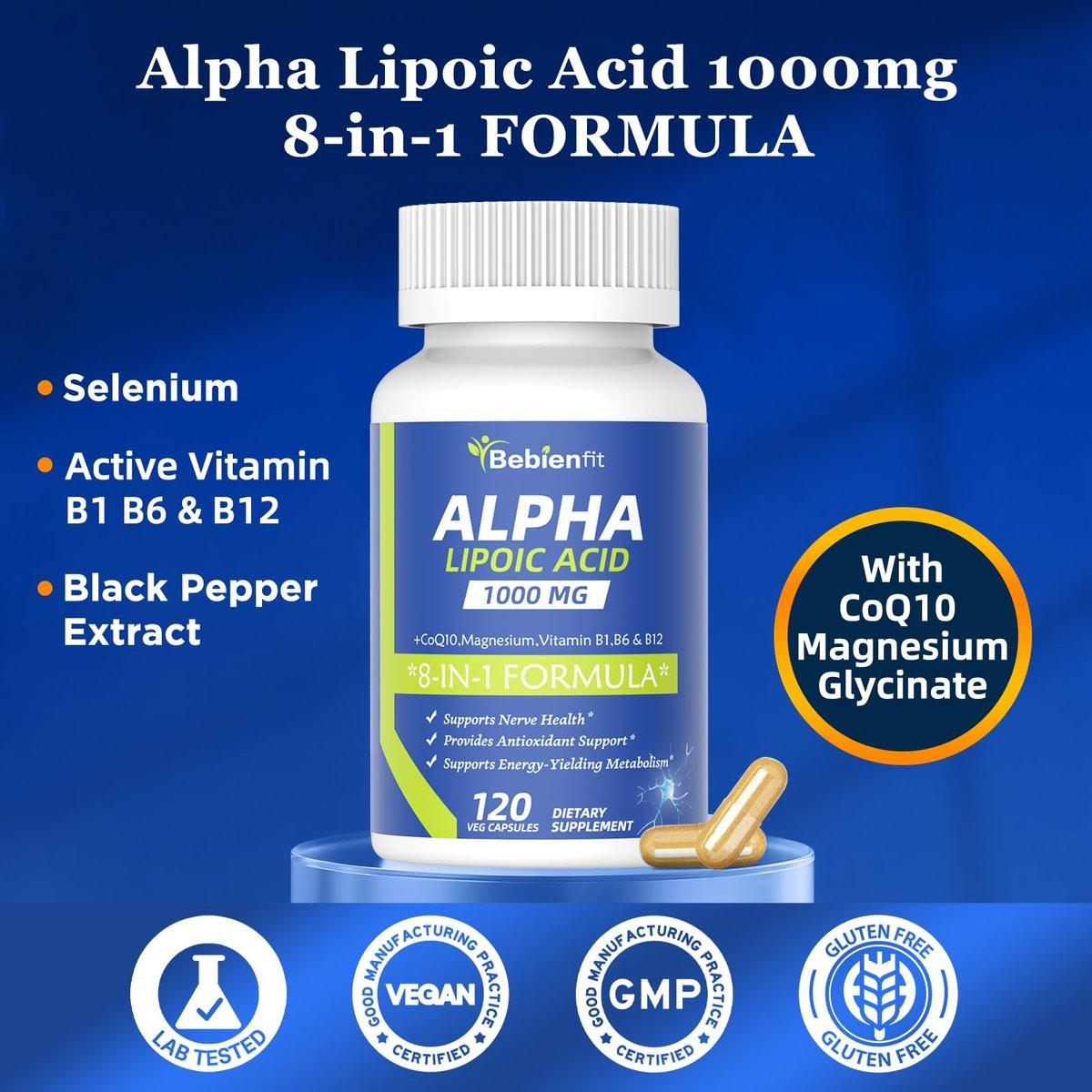 Alpha Lipoic Acid 1000mg Neuropathy Supplements Capsules, 8-IN-1 ALA for Nerve Health in Hands & Feet, Nervous System and Antioxidant with Magnesium Glycinate, CoQ10 & B1, B6, B12 – Vegan 120 Caps - görsel 15
