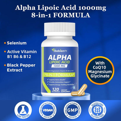 Alpha Lipoic Acid 1000mg Neuropathy Supplements Capsules, 8-IN-1 ALA for Nerve Health in Hands & Feet, Nervous System and Antioxidant with Magnesium Glycinate, CoQ10 & B1, B6, B12 – Vegan 120 Caps
