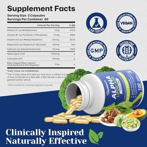 Alpha Lipoic Acid 1000mg Neuropathy Supplements Capsules, 8-IN-1 ALA for Nerve Health in Hands & Feet, Nervous System and Antioxidant with Magnesium Glycinate, CoQ10 & B1, B6, B12 – Vegan 120 Caps - görsel 10