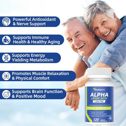 Alpha Lipoic Acid 1000mg Neuropathy Supplements Capsules, 8-IN-1 ALA for Nerve Health in Hands & Feet, Nervous System and Antioxidant with Magnesium Glycinate, CoQ10 & B1, B6, B12 – Vegan 120 Caps