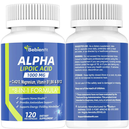 Alpha Lipoic Acid 1000mg Neuropathy Supplements Capsules, 8-IN-1 ALA for Nerve Health in Hands & Feet, Nervous System and Antioxidant with Magnesium Glycinate, CoQ10 & B1, B6, B12 – Vegan 120 Caps
