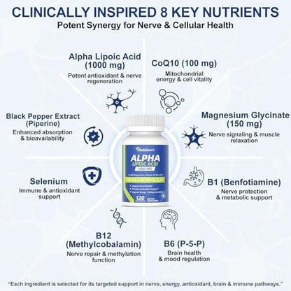 Alpha Lipoic Acid 1000mg Neuropathy Supplements Capsules, 8-IN-1 ALA for Nerve Health in Hands & Feet, Nervous System and Antioxidant with Magnesium Glycinate, CoQ10 & B1, B6, B12 – Vegan 120 Caps