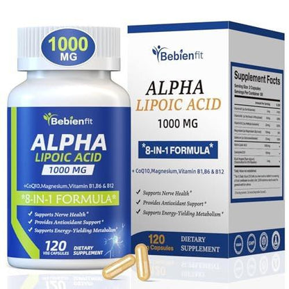 Alpha Lipoic Acid 1000mg Neuropathy Supplements Capsules, 8-IN-1 ALA for Nerve Health in Hands & Feet, Nervous System and Antioxidant with Magnesium Glycinate, CoQ10 & B1, B6, B12 – Vegan 120 Caps
