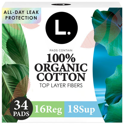 L. Ultra Thin Pads for Women, Organic Cotton Top Layer, Regular + Super Duo Pack Absorbency, Menstrual Pads with Wings, Made Without Synthetic Pesticides and Fragrances, 34 Count