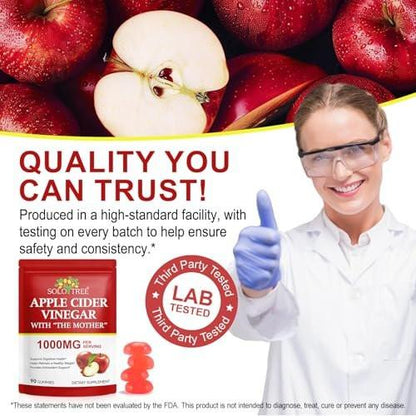 NIFEISHI Apple Cider Vinegar Gummies (1000mg) with Mother, 90 Count - ACV Gummies with Vitamin B6 & B12, Folic Acid, Vegan, Non-GMO, Gluten-Free & Gelatin-Free