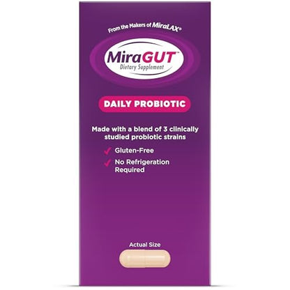 MiraGUT Daily Probiotic, from the Makers of MiraLAX, Probiotics for Digestive Health, Gluten-Free Supplement, Probiotic for Women and Men, Support Overall Digestive Health, 30 Ct