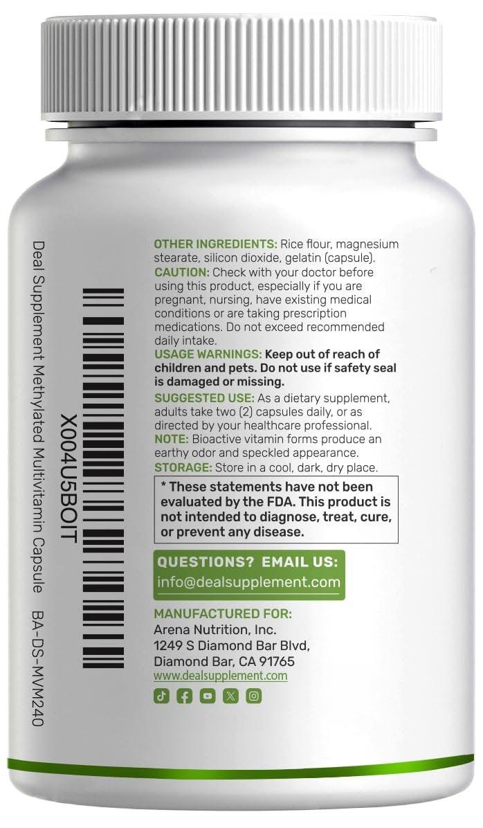 DEAL SUPPLEMENT Methylated Multivitamin for Men & Women, 240 Capsules | 100% DV Vitamins & Minerals | Activated B-Complex & Chelated Minerals, with CoQ10, TMG & ALA | Non-GMO, cGMP Manufactured - görsel 11