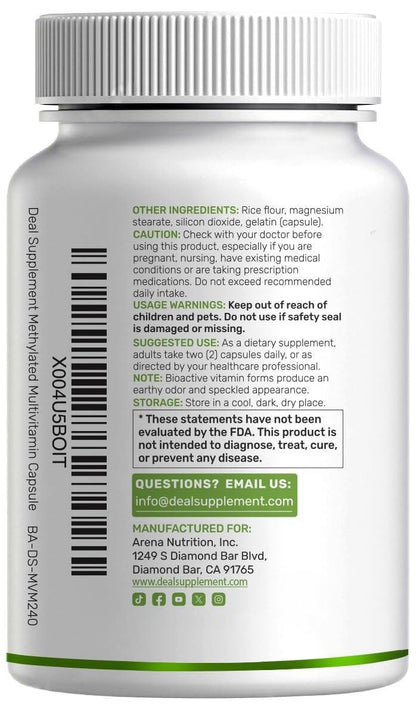 DEAL SUPPLEMENT Methylated Multivitamin for Men & Women, 240 Capsules | 100% DV Vitamins & Minerals | Activated B-Complex & Chelated Minerals, with CoQ10, TMG & ALA | Non-GMO, cGMP Manufactured