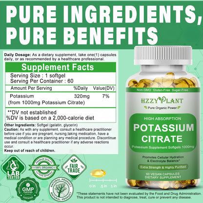 Potassium Supplement Softgels, High Absorption Potassium Citrate 1000mg for Muscle Heart Electrolyte Balance and Normal pH Support*, Essential Mineral, Non-GMO, 2 Month Supply